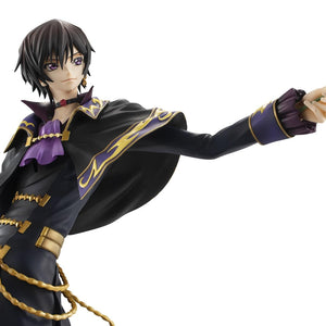 Close-up of Lelouch's face and upper body, showing the gold embroidery and purple cravat details.