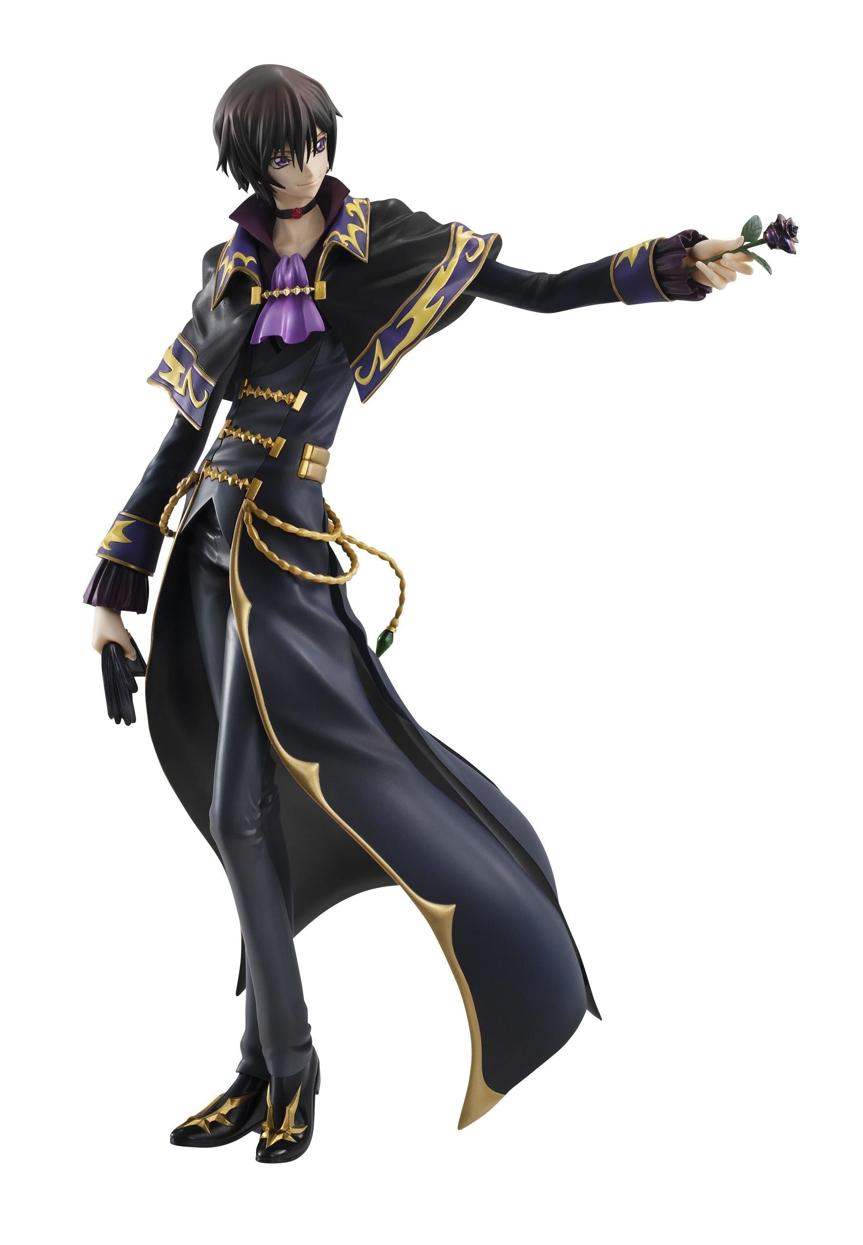 Standalone studio shot of the Lelouch (L.L.) figure posing with a black rose and his signature black and gold outfit.