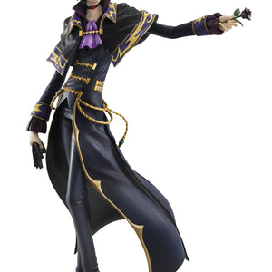 Standalone studio shot of the Lelouch (L.L.) figure posing with a black rose and his signature black and gold outfit.