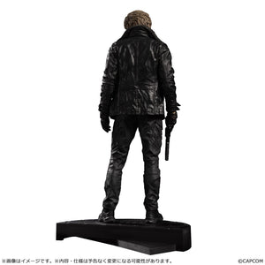 Rear view of the Capcom Figure Builder Leon S. Kennedy statue highlighting the realistic leather texture of his coat and tactical gear.