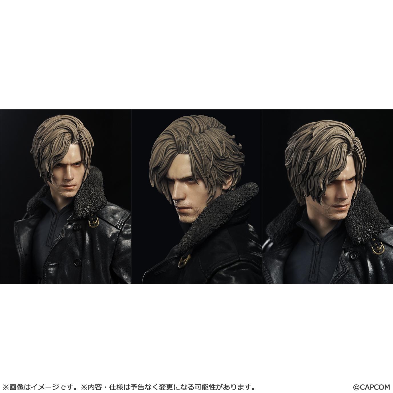 Three close-up angles of the Leon S. Kennedy head sculpt showing high-detail facial features, hair texture, and determined expression.