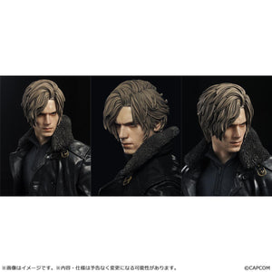 Three close-up angles of the Leon S. Kennedy head sculpt showing high-detail facial features, hair texture, and determined expression.