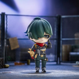 Cinematic wide diorama shot of the Lighter Nendoroid with a serious expression, adjusting his sunglasses in an urban back-alley with chain-link fences.