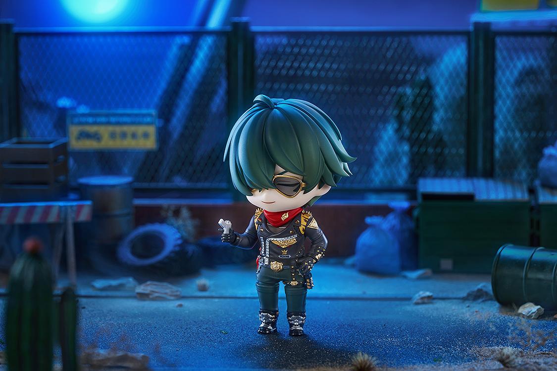 Nighttime cinematic diorama view of Zenless Zone Zero Lighter Nendoroid holding a pistol accessory under neon blue lighting.