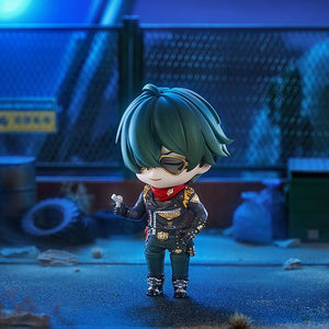 Nighttime cinematic diorama view of Zenless Zone Zero Lighter Nendoroid holding a pistol accessory under neon blue lighting.