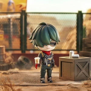 Atmospheric outback alley diorama photo of Lighter Nendoroid holding a beer mug next to a industrial wooden crate.