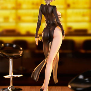 Angled back view of the Lilith scale figure set against the atmospheric blurred yellow lighting of a bar background.