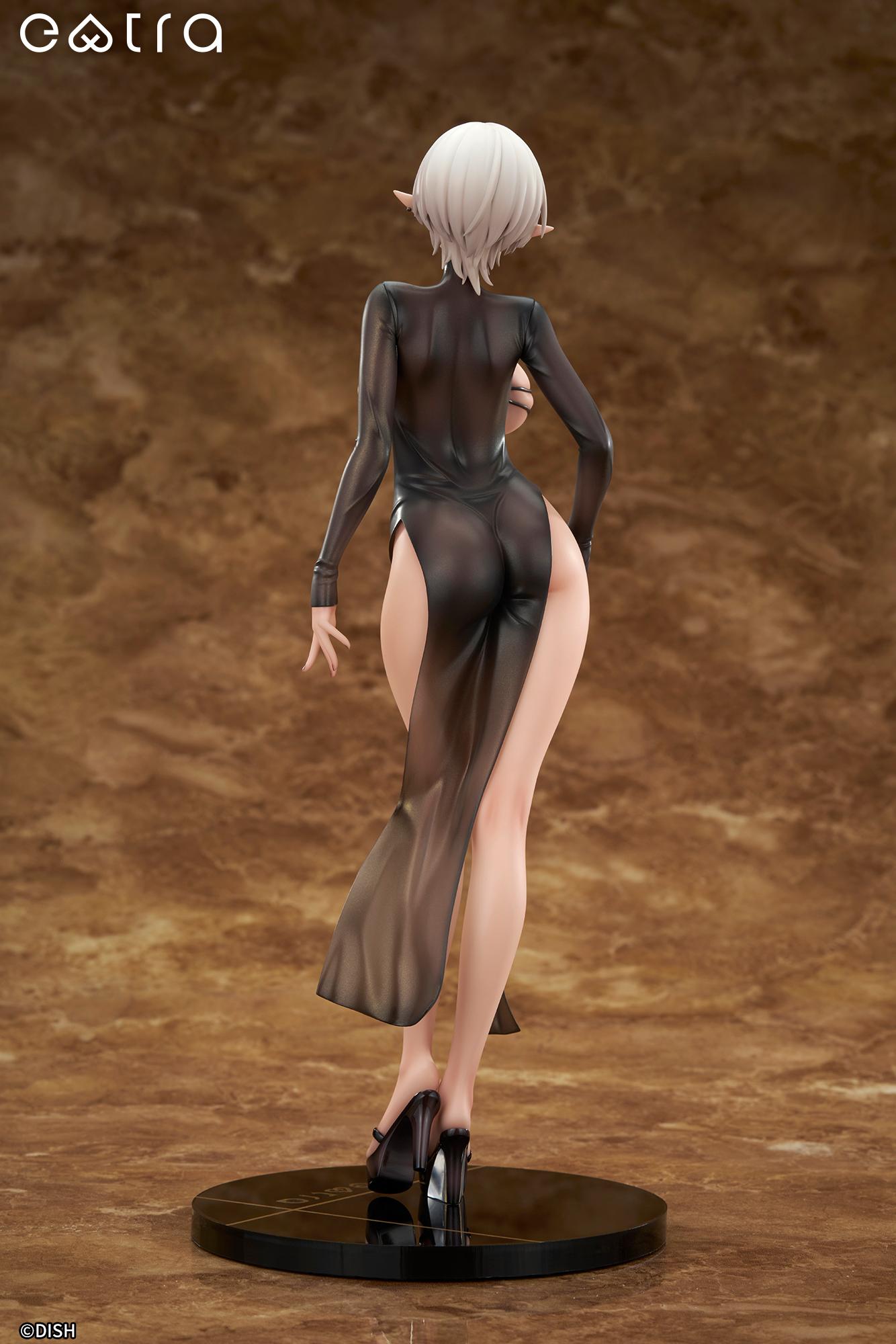 Full back view of the Lilith 1/6 scale figure, showcasing her short silver hair and the form-fitting sheer fabric of her black dress.