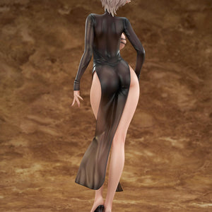 Full back view of the Lilith 1/6 scale figure, showcasing her short silver hair and the form-fitting sheer fabric of her black dress.