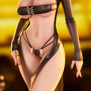 Close-up torso shot of the Lilith figure in a bar setting, highlighting the intricate lacing and see-through fabric of her outfit under warm lighting.