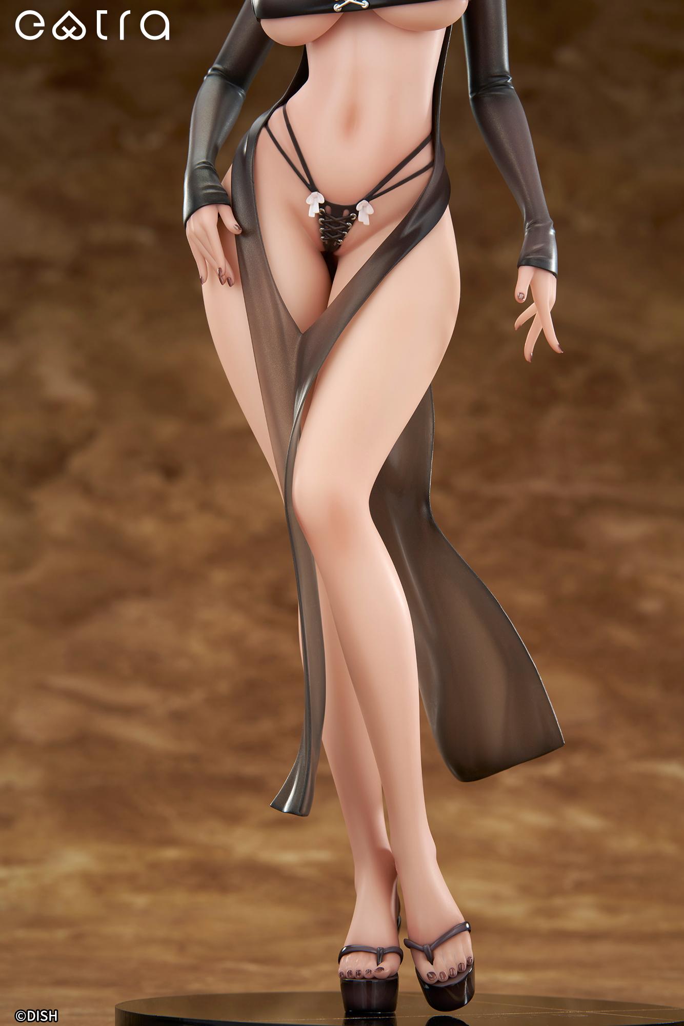 Close-up detail of the Lilith figure's long legs, sandals, and the elegant draping of her see-through black dress.
