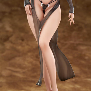 Close-up detail of the Lilith figure's long legs, sandals, and the elegant draping of her see-through black dress.