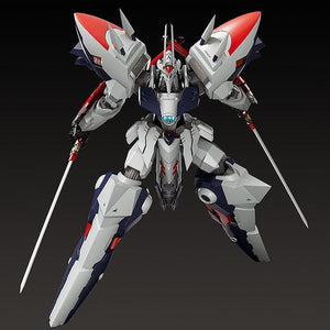 Aerial combat pose of Moderoid Linebarrel Overdrive model kit equipped with dual swords.