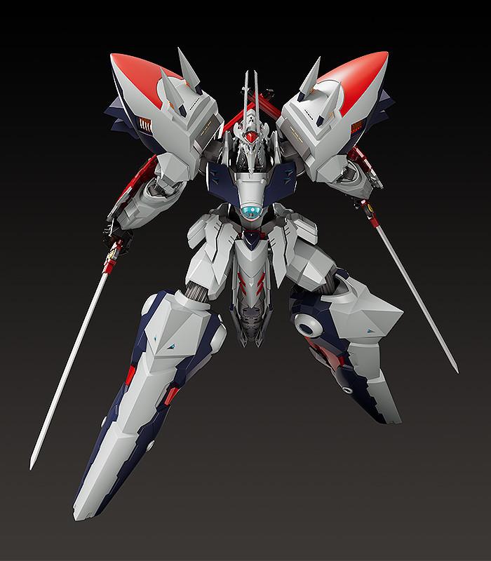 Aerial combat pose of Moderoid Linebarrel Overdrive model kit equipped with dual swords.