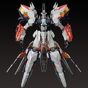 Symmetrical studio front view of Moderoid Linebarrel Overdrive model kit displaying chest orb and gold vents.