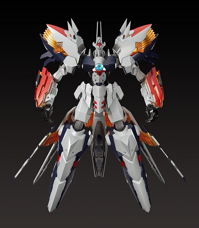 Symmetrical studio front view of Moderoid Linebarrel Overdrive model kit displaying chest orb and gold vents.