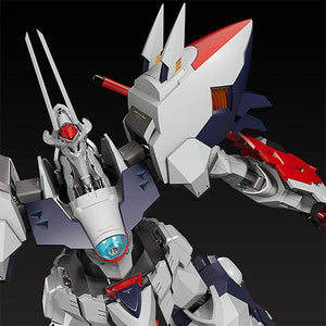 High-angle close-up portrait of Moderoid Linebarrel Overdrive head, red visor, and chest orb armor.