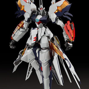 Front view of Moderoid Linebarrel Overdrive plastic model kit in deployed overdrive mode on dark background.