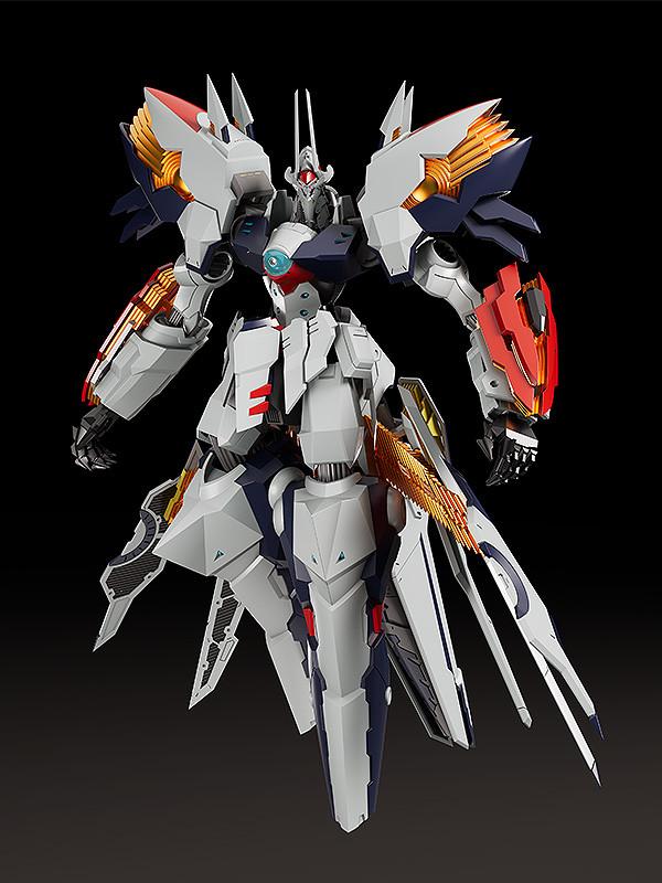 Front view of Moderoid Linebarrel Overdrive plastic model kit in deployed overdrive mode on dark background.