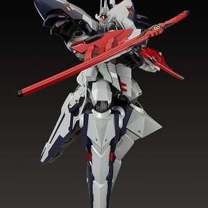 Dynamic pose of Moderoid Linebarrel Overdrive model kit brandishing a long red katana sword blade.