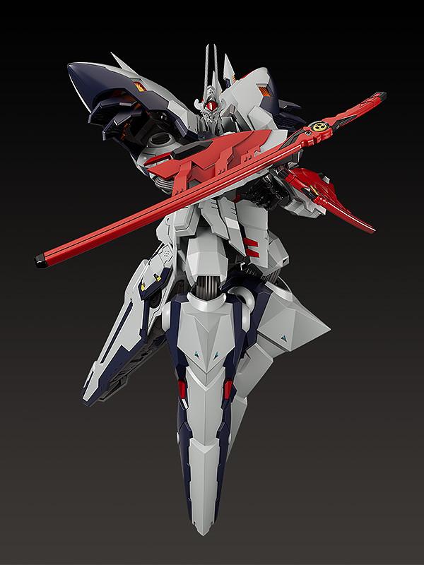 Dynamic pose of Moderoid Linebarrel Overdrive model kit brandishing a long red katana sword blade.