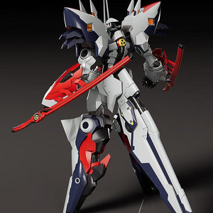 Rear view of Moderoid Linebarrel Overdrive mecha with red swords mounted on forearm sheaths.