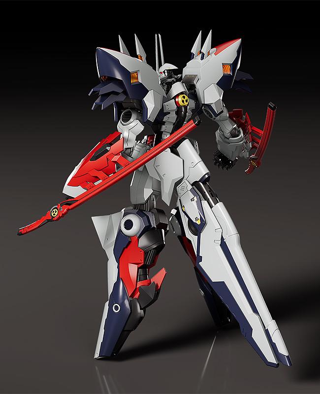 Rear view of Moderoid Linebarrel Overdrive mecha with red swords mounted on forearm sheaths.