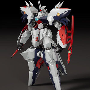 Front view of Moderoid Linebarrel Overdrive mecha model kit holding twin red sheath blades.