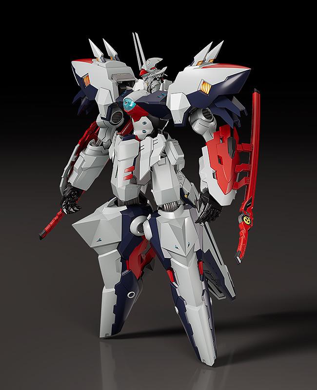 Front view of Moderoid Linebarrel Overdrive mecha model kit holding twin red sheath blades.