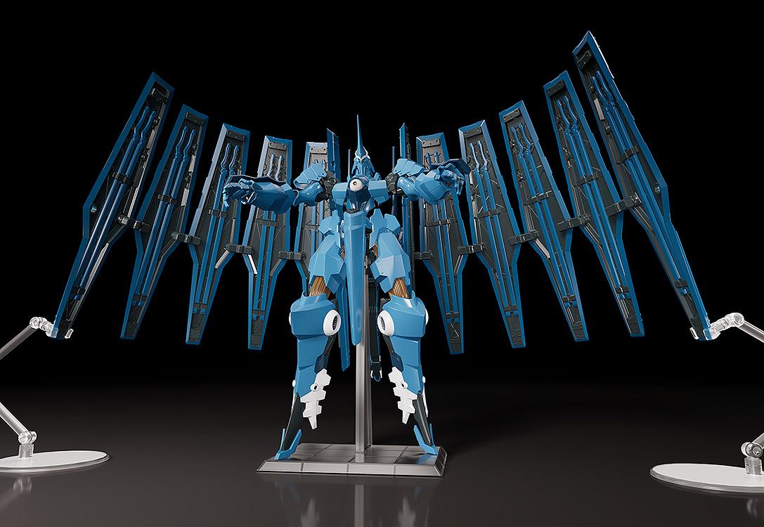 Moderoid Vardant mecha model kit with wide-open variable binders supported by dual side clear stands.