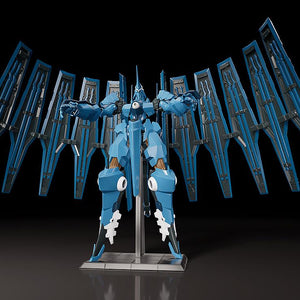 Moderoid Vardant mecha model kit with wide-open variable binders supported by dual side clear stands.