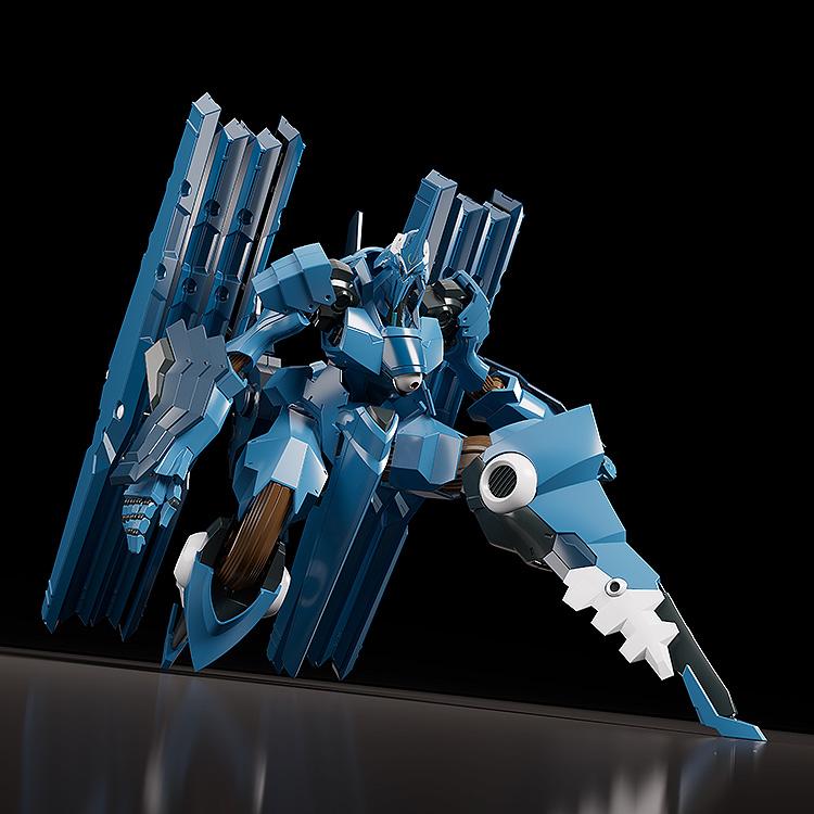 Low-angle hero kneeling pose of blue Moderoid Vardant plastic model kit on black background.