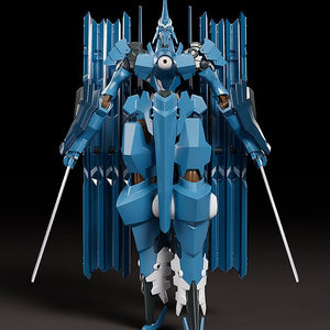 Symmetrical front view of Moderoid Vardant model kit holding twin blades with sheath binders behind.