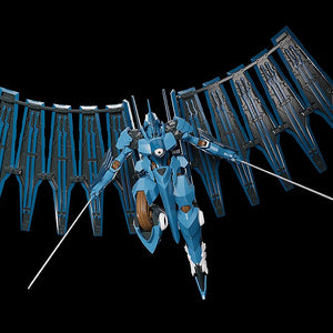 Mid-air flight pose of Moderoid Vardant model kit with dual swords and full wing binder expanse.
