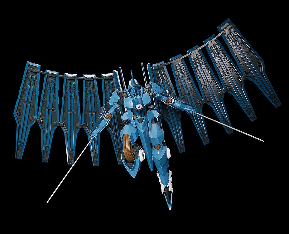 Mid-air flight pose of Moderoid Vardant model kit with dual swords and full wing binder expanse.