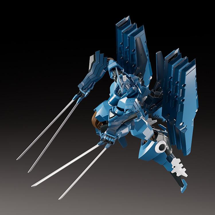 High-angle action view of Moderoid Vardant plastic model kit holding four long swords simultaneously.