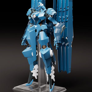 Moderoid Vardant mecha model kit standing on clear display base with folded back binders.