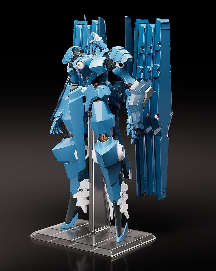 Moderoid Vardant mecha model kit standing on clear display base with folded back binders.
