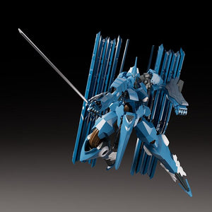 Dynamic slanting action pose of Moderoid Vardant mecha kit wielding a long sword blade.