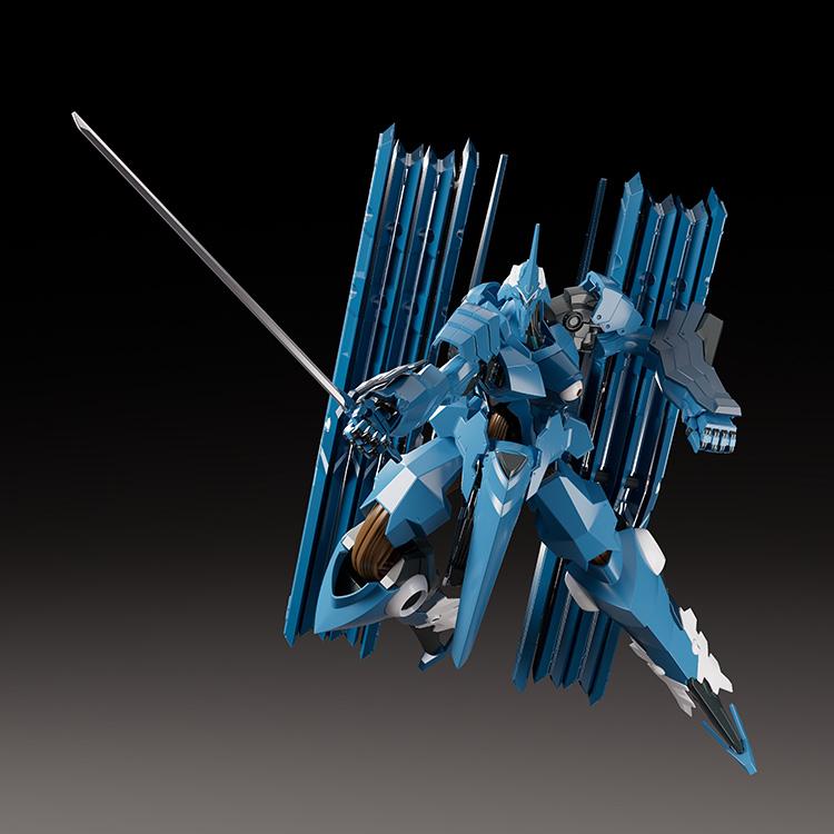 Dynamic slanting action pose of Moderoid Vardant mecha kit wielding a long sword blade.
