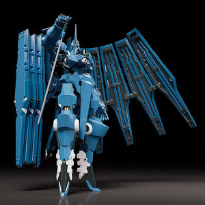 Studio front view of blue Moderoid Vardant mecha model kit with open variable binder wings on dark background.