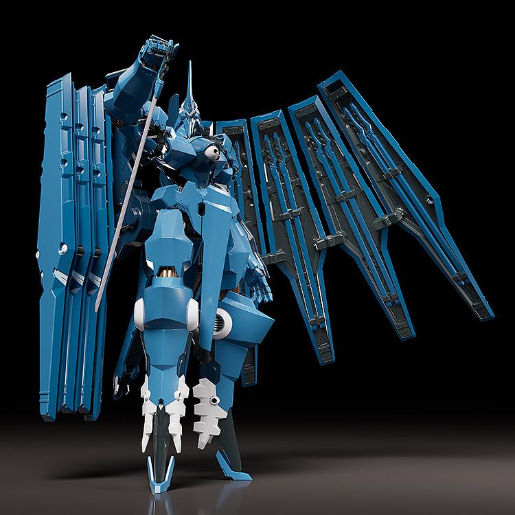 Studio front view of blue Moderoid Vardant mecha model kit with open variable binder wings on dark background.
