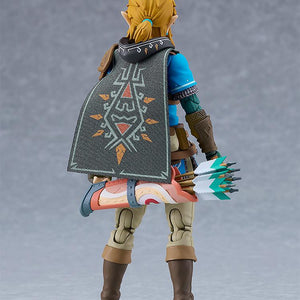 Rear view of the Link figure wearing the fabric-style Hylian Hood with detailed embroidery.