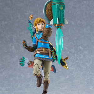 Front view of Link launching into the air using the Rocket effect part attached to his shield.