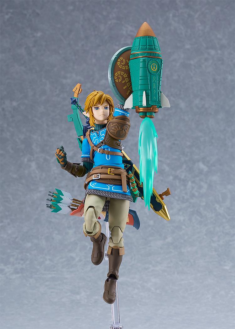 Front view of Link launching into the air using the Rocket effect part attached to his shield.