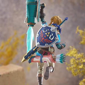 Rear action shot of Link using the Rocket fused to his shield to launch upwards, featuring translucent blue flame effects.