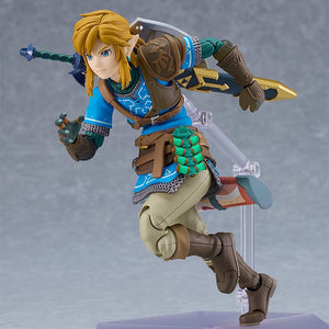 Dynamic sprinting pose of the Link figma figure supported by the articulated display stand.