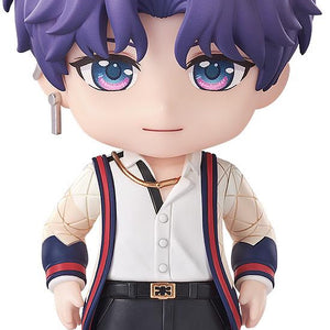 Full-body front view of the Love and Deepspace Rafayel Nendoroid figure wearing his signature cardigan and open-collar shirt on an isolated white background.