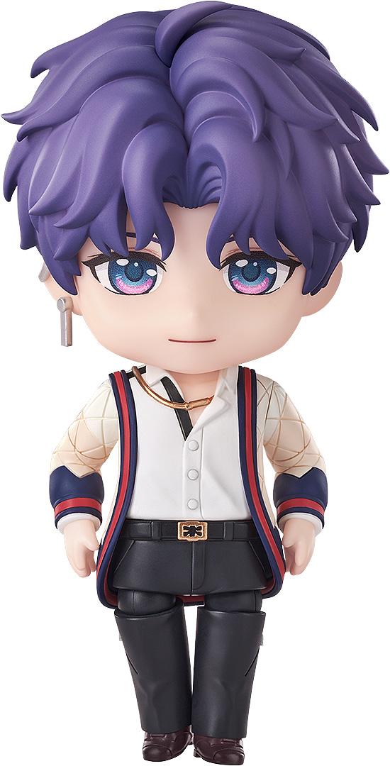 Full-body front view of the Love and Deepspace Rafayel Nendoroid figure wearing his signature cardigan and open-collar shirt on an isolated white background.