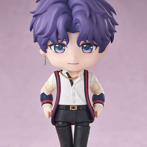 Standing display pose of the Rafayel Nendoroid figure with purple hair and gradient eyes on a clear plastic stand against a soft purple background.